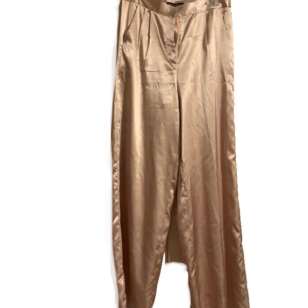 MESHKI ROSE PINK GOLD SATIN SATEEN WIDE LEG PANTS TROUSERS CHAMPAGNE MED BARBIE - Picture 4 of 14
